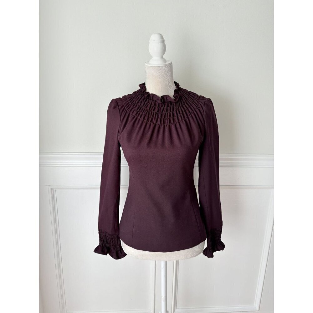 The Fold London Stretch Wool Burgundy Smocked Neck Blouse UK8 US4